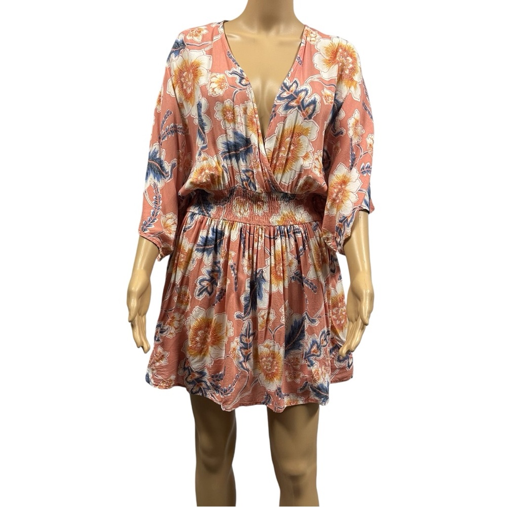 O'Neill Coral Floral Mini Dress with Navy and Yellow Accents